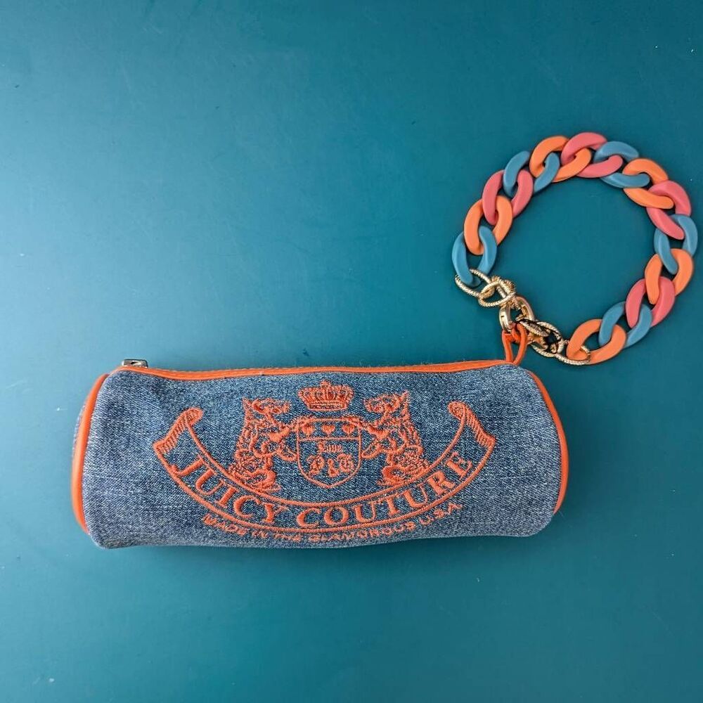 Juicy Couture Y2K Scottie Dog Denim Blue & Orange Small Barrel Wristlet.